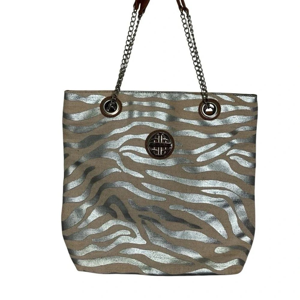 Kate Landry Silver Zebra Print Tote Bag Chain Strap Shoulder‎ Bag